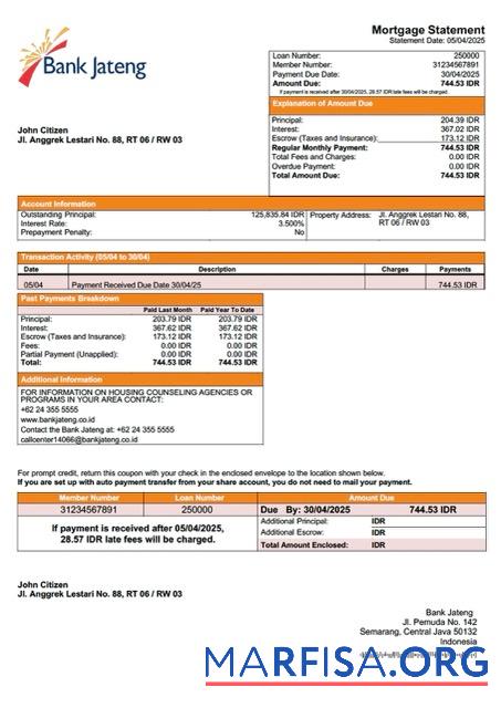 Downloadable Indonesia Bank Jateng mortgage statement Word and PDF template